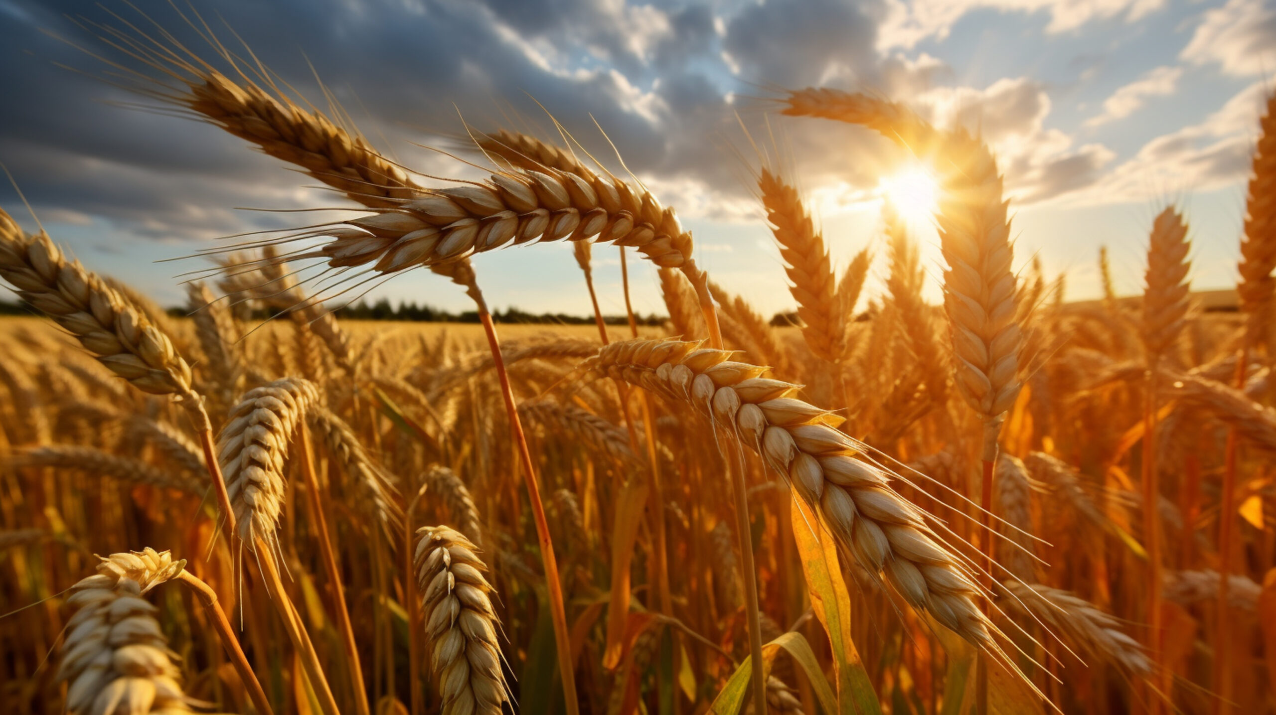 Wheat field with a sunset in the background