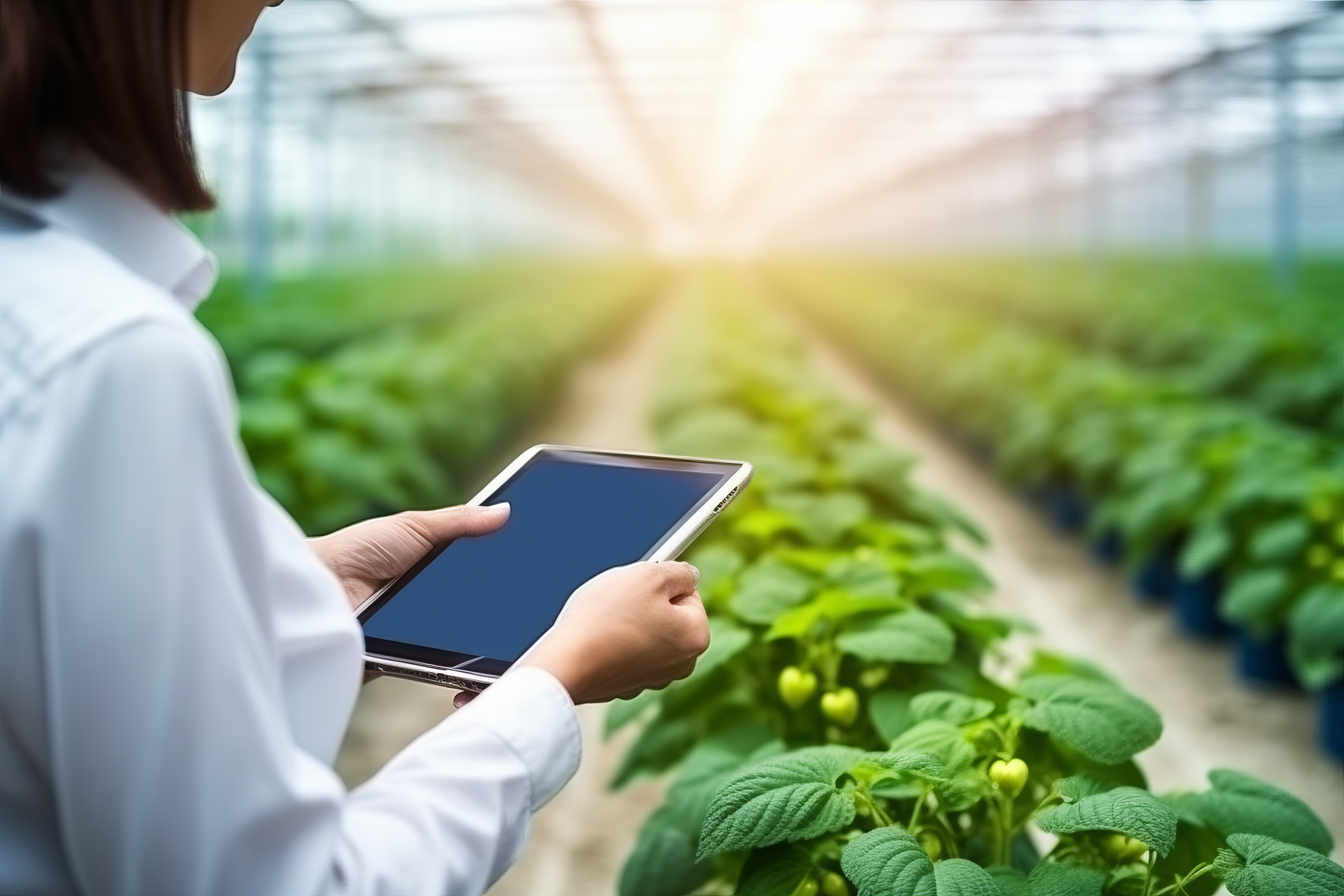 woman check cultivation strawberry with happiness for research with digital tablet in farm greenhouse, female examining strawberry with agriculture