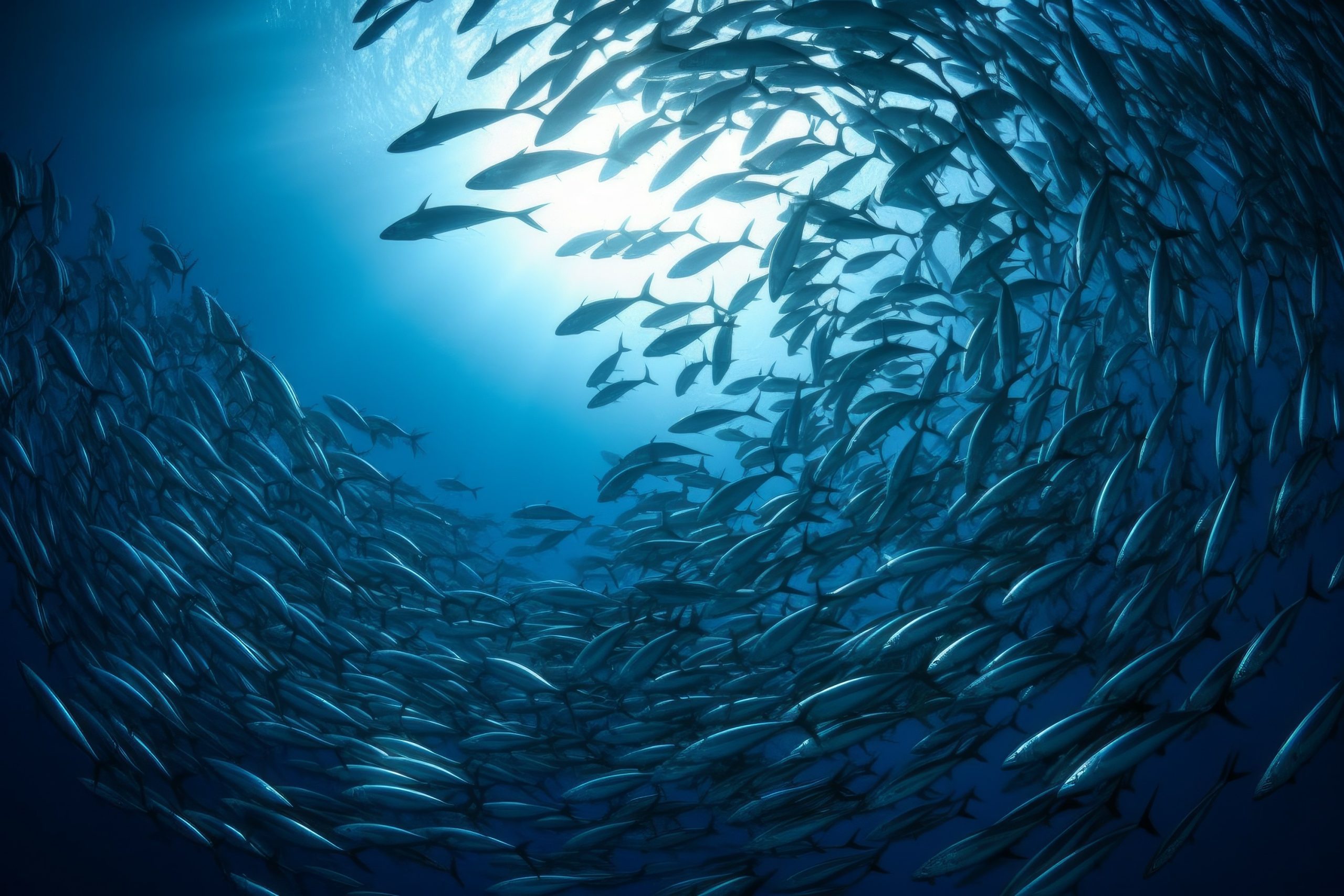 School of fish swimming under water of sea. School sardinella fish swims in underwater. AI generated, human enhanced